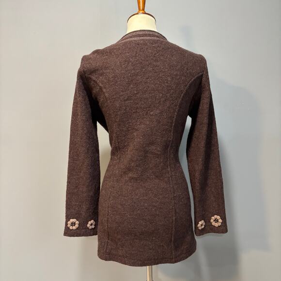 Vintage 90s Y2K Cynthia Rowley floral-trim brown wool tie sweater coat, Size M - Picture 5 of 9